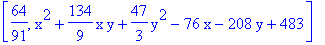 [64/91, x^2+134/9*x*y+47/3*y^2-76*x-208*y+483]